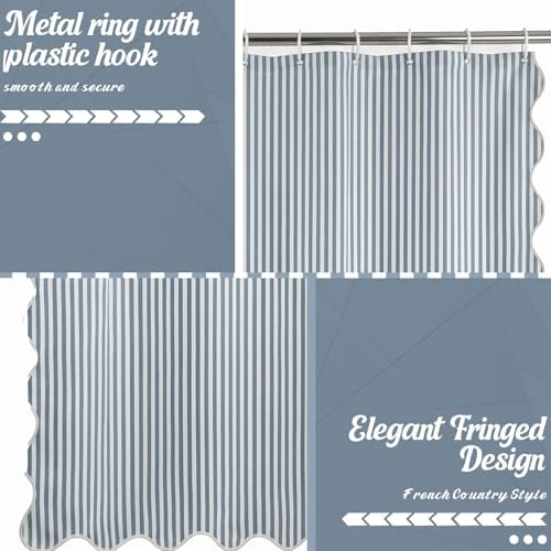 HunnmingRe Dust Blue Farmhouse Striped Shower Curtain Scalloped 72x72''