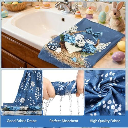 FuWeave 8 Pcs Easter Shower Curtain Set for Bathroom Decor Include Spring Floral Blue Bunny Egg Shower Curtain Hydrangea Towels Non Slip Rugs Toilet Lid Cover Bath Mat and 12 Hooks for Bathroom Decor