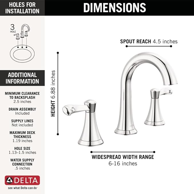 Delta Faucet Esato Widespread Bathroom Faucet Chrome, Bathroom Faucet 3 Hole, Bathroom Sink Faucet, Drain Assembly Included, Chrome 35897LF