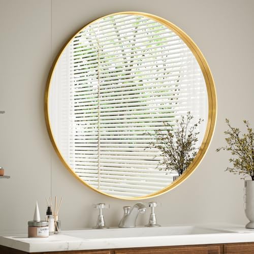 VooBang Round Bathroom Mirror 36 inch, Gold Gorgeous Deep Frame Round Wall Mirror, Modern Bathroom Vanity Mirror for Bedroom, Living Room, Hanging or Leaning, Gold