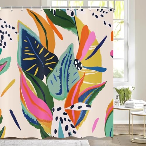 deFouliao Boho Shower Curtain, Colorful Floral Waterproof Shower Curtain for Bathroom with Modern Abstract Art Jungle Plant Leaf Bathroom Bathtub Home Curtain Decor, Washable with Hooks, 72Wx78L