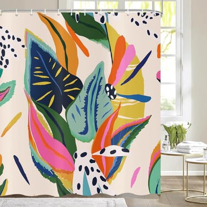 deFouliao Boho Shower Curtain, Colorful Floral Waterproof Shower Curtain for Bathroom with Modern Abstract Art Jungle Plant Leaf Bathroom Bathtub Home Curtain Decor, Washable with Hooks, 72Wx78L