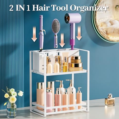 Bathroom Counter Organizer, Metal Vanity Shelf with Hair Dryer Holder