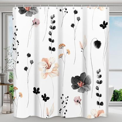 WITHLOC Floral Shower Curtains for Bathroom, Black, 72" W x 72" L