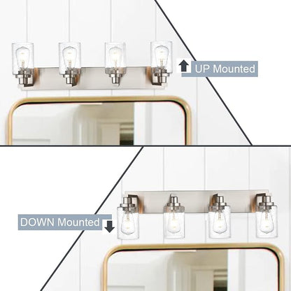 Modern Glass Bathroom Wall Light Fixtures in Brushed Nickel, Vanity Wall Mount Lighting with Seeded Glass Lampshades