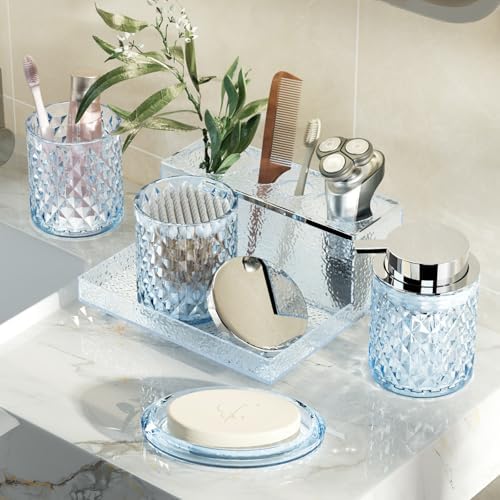 Glass Bathroom Accessories Set 5Pcs Crystal Blue - Foaming Soap Dispenser, Soap Dish, Cup, Acrylic Toothbrush Holder with Tray Organizer, Cotton Swab Jar, Bathroom Counter Set Sink Decor