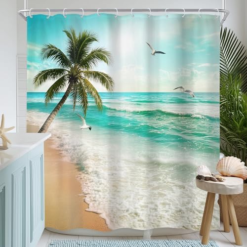 Ocean Coastal Beach Hawaiian Tropical Seagull Bathroom Shower Curtain Set
