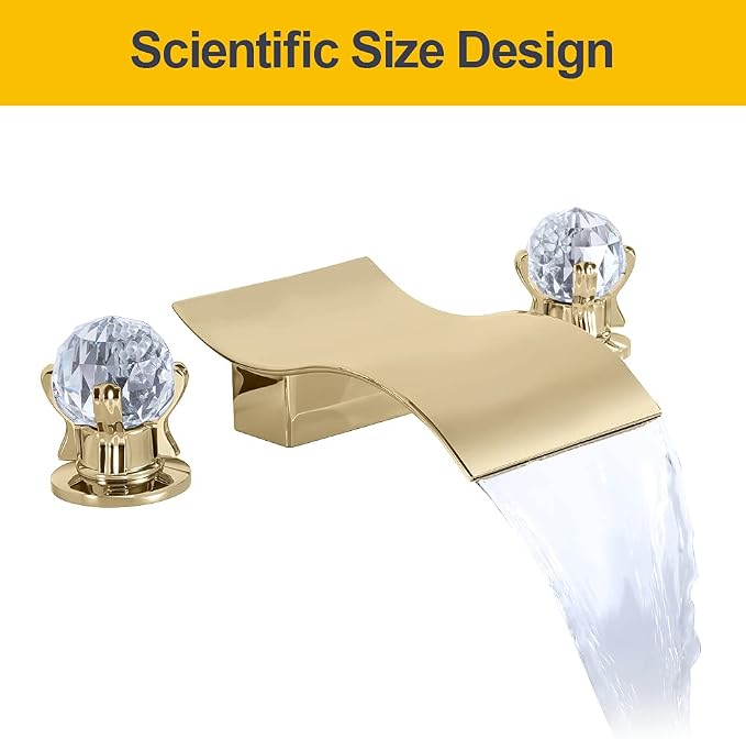 Widespread Bathroom Sink Faucet with Crystal Knob 3 Hole Waterfall Bathroom Faucet 8 Inch Crystal Vanity Faucets Deck Mount Basin Mixer Tap with Hose, Brushed Gold