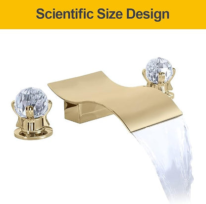 Widespread Bathroom Sink Faucet with Crystal Knob 3 Hole Waterfall Bathroom Faucet 8 Inch Crystal Vanity Faucets Deck Mount Basin Mixer Tap with Hose, Brushed Gold