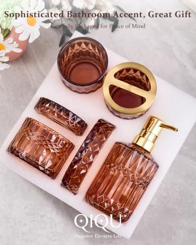Bathroom Accessories Set, 5Pcs Clear Glass Bathroom Accessories, Soap Dispenser, Soap Dish, Toothbrush Holder Set, Tumbler, Qtips Holder for Vintage Crystal Bath Decor (Amber)
