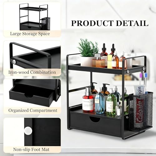 LEMIKKLE Bathroom Counter Organizer with Basket, Bathroom Organizers and Storage,Skincare Organizers for Vanity,Storage Organizers for Bathroom, Kitchen, Dresser (Black with Drawer)
