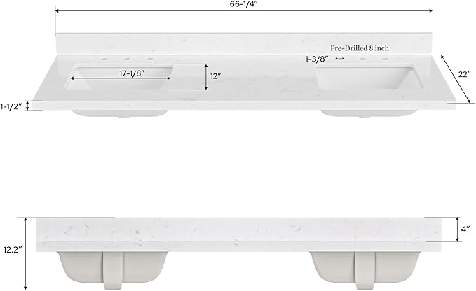 ARIEL 66 inch Double Bathroom Vanity top with Sink, 1.5 Inch Thick Miter Edge Carrara White Quartz top, Rectangle Double Sink Vanity top, Includes Backsplash