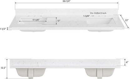 ARIEL 66 inch Double Bathroom Vanity top with Sink, 1.5 Inch Thick Miter Edge Carrara White Quartz top, Rectangle Double Sink Vanity top, Includes Backsplash