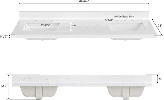 ARIEL 66 inch Double Bathroom Vanity top with Sink, 1.5 Inch Thick Miter Edge Carrara White Quartz top, Rectangle Double Sink Vanity top, Includes Backsplash