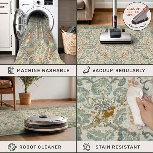 Sage Green Boho Bathroom Rugs - 2x3 Washable Non-Slip Soft Low Pile Area Rug for Entryway, Kitchen, and Decorative Door Mats - Vintage Farmhouse Design with Bird & Botanical Pattern Boho Décor