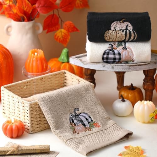 FuWeave 3 Pcs Black White Fall Pumpkin Hand Towels for Bathroom