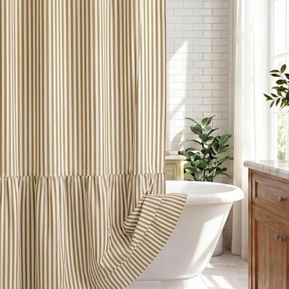 HunnmingRe Taupe Farmhouse Striped Shower Curtain Ruffle Hem 72x72''