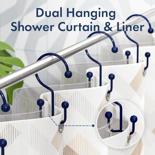 Bathway Shower Curtain Hooks Blue Shower Curtain Rings, 12 Pcs Double Hook Shower Curtain Hooks Rings Shower Curtain Hangers Rust Proof, Metal Shower Hooks for Bathroom Shower Curtain Rod