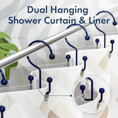 Bathway Shower Curtain Hooks Blue Shower Curtain Rings, 12 Pcs Double Hook Shower Curtain Hooks Rings Shower Curtain Hangers Rust Proof, Metal Shower Hooks for Bathroom Shower Curtain Rod