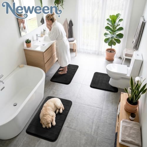 Neween Bathroom Rugs Set 3 Piece, Absorbent Memory Foam Bath Mat, Black