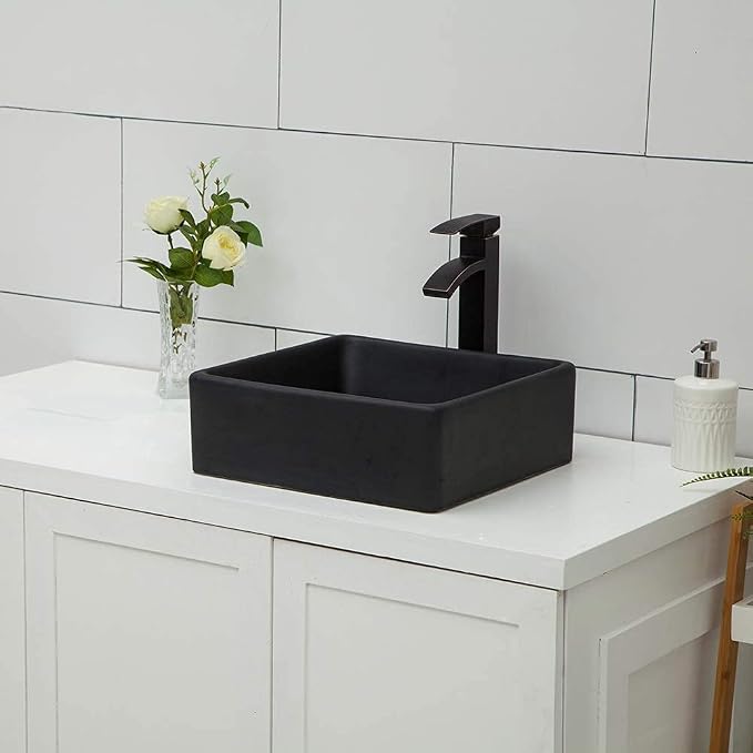 Logmey 15 Inch Black Bathroom Vessel Sink 15"x15" Square Small Vessel Sink for Bathroom Sink Above Counter Porcelain Ceramic Vanity Art Countertop Sink