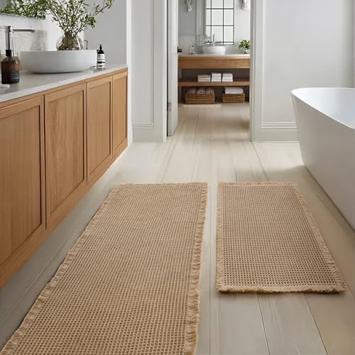 JIUZHEN Set of 2 Waffle Bath Mats Boho Bathroom Runner Rug 20"x32"+24"x60"