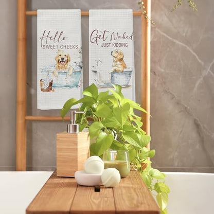 Funny Golden Retriever Hand Towels, Hello Sweet Cheeks Bathroom Decor, Golden Retriever Gifts Decorative Hand Towels for Bathroom Washroom Restroom, 16x24 Inch Set of 2