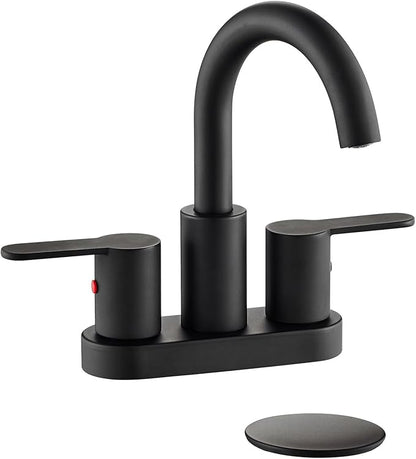 Matte Black Two Handle Centerset Bathroom Sink Faucet with Pop up Drain, High Arc Modern 4 Inch Bathroom Vanity Lavatory Faucet 3 Holes with Brass 360° Swivel Spout, TAF067E-MB