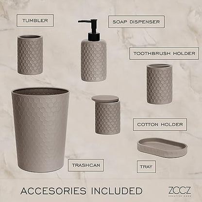 zccz 6 Piece Bathroom Accessories Set, Toothbrush Holder, Toothbrush Cup, Soap Dispenser,Bathroom Vanity Tray, Qtip Holder, Trash Can - Cement