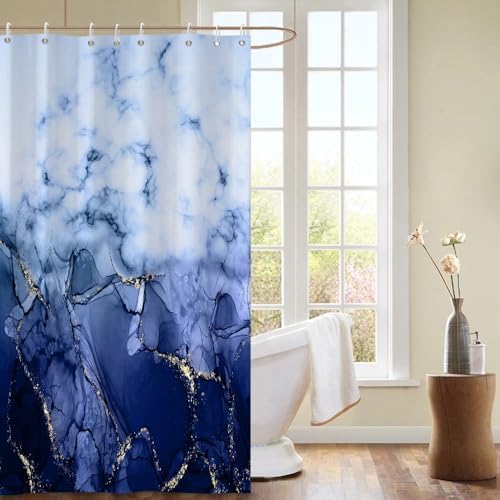 Navy Blue Marble Stall Waterproof Shower Curtain 48x72 inches