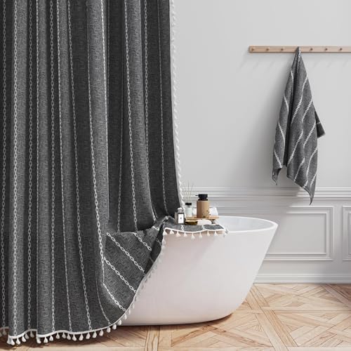 BTTN 54x78 Boho Farmhouse Linen Heavy Duty Shower Curtain, Charcoal Grey