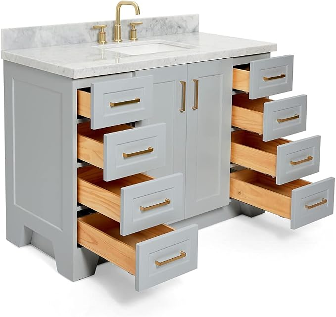 Emilia 48-Inch Bathroom Vanity with Sink — Grey Single Sink Bathroom Vanity, 1.5" Edge Italian Carrara Marble Top, Solid Wood, 2 Soft Closing Doors, 9 Dovetail Drawers