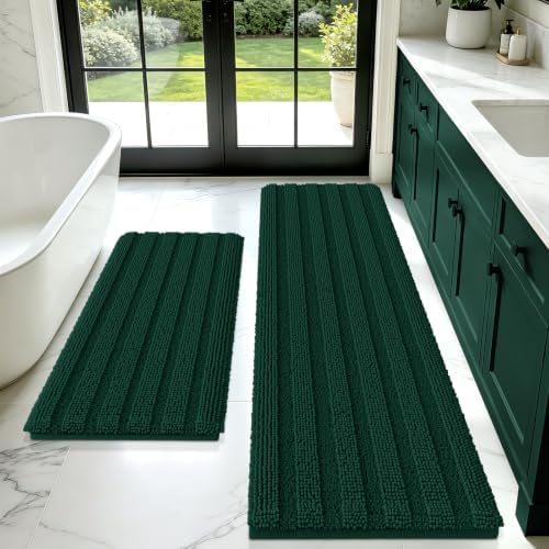 Christmas Striped Deep Green Bathroom Rug Mat Set 2 piece 32"x20"+60"x20" Ultra Soft, Non Slip Chenille Bath Rugs, Absorbent Plush Shaggy Bath Mats for Bathroom, Bedroom, Kitchen, Shower, Tub
