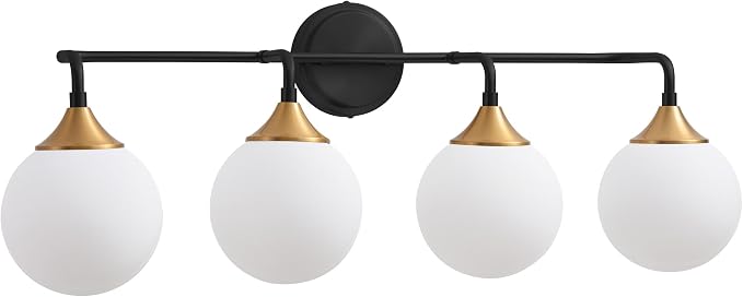 Black Gold Bathroom Light Fixtures Over Mirror Vanity 4-Light | Mid Century Modern Matte Black Gold Wall Sconce with Milky White Glass Ball Shades for for Bathroom Dressing Table Bedroom