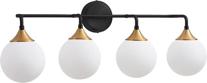 Black Gold Bathroom Light Fixtures Over Mirror Vanity 4-Light | Mid Century Modern Matte Black Gold Wall Sconce with Milky White Glass Ball Shades for for Bathroom Dressing Table Bedroom