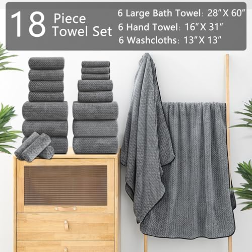 Ycosy 18 Piece Bath Towels Set,100% Microfiber Family Bathroom Towel with Hanging Loops-6 Bath Towels,6 Hand Towels,6 Washcloths,Quick Dry Highly Absorbent Shower Towel for Bathroom,Hotel,Spa-Black