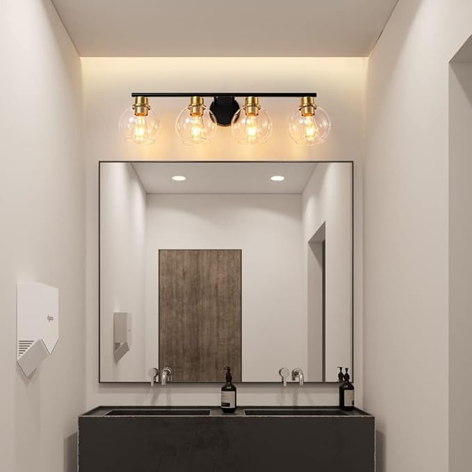 Bathroom Light Fixtures Over Mirror 4-Lights Bathroom Vanity Light with Clear Glass Shade 29.5 inch Modern Wall Sconce Black and Gold Vanity Lighting for Bath