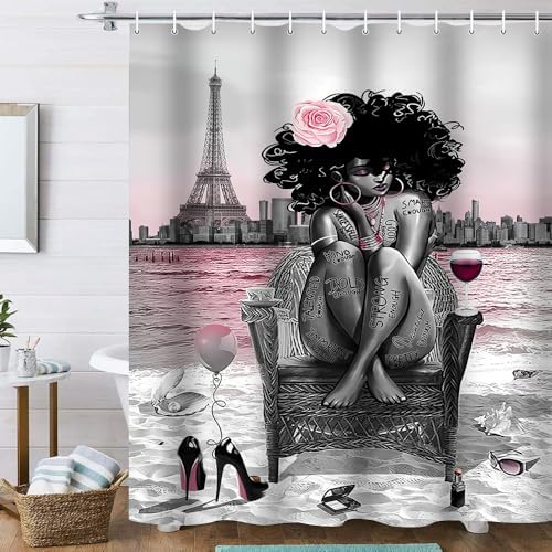 African American Woman Bathroom Shower Curtain Set, Pink Grey