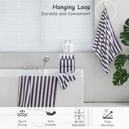 18 Pcs Purple Stripe Bath Towel Set with Hanging Loop-6 Bath Towels,6 Hand Towels,6 Washcloths Soft Family Towels Set Bathroom Towel Highly Absorbent Quick Dry Shower Towel for Beach Spa Gym Hotel