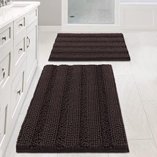 Non Slip Thick Shaggy Chenille Bathroom Rug Mat Set Extra Soft and Absorbent Striped Floor Rugs, 2 Piece, Machine-Washable