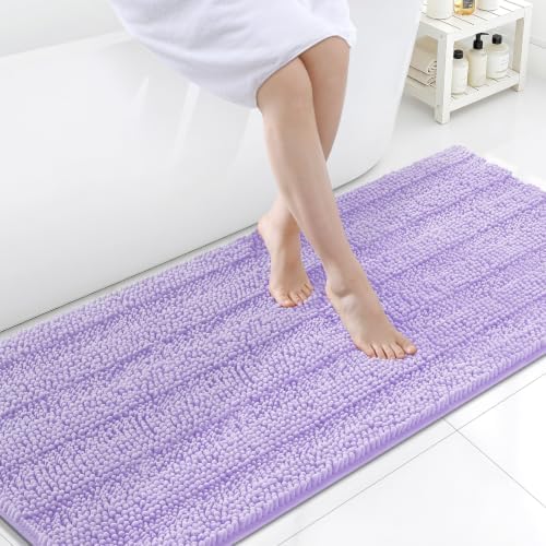 Grandaily Chenille Striped Bathroom Rugs 59x24, Extra Thick and Soft Absorbent Bath Mats, Rubber Backing, Plush Shaggy Shower Carpet, Machine Wash Dry, Bath Rug for Bathroom, Light Purple