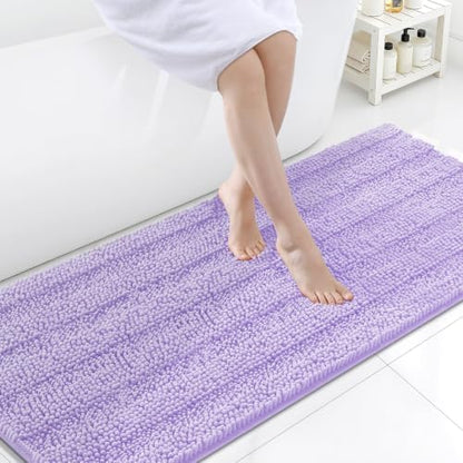Grandaily Chenille Striped Bathroom Rugs 59x24, Extra Thick and Soft Absorbent Bath Mats, Rubber Backing, Plush Shaggy Shower Carpet, Machine Wash Dry, Bath Rug for Bathroom, Light Purple