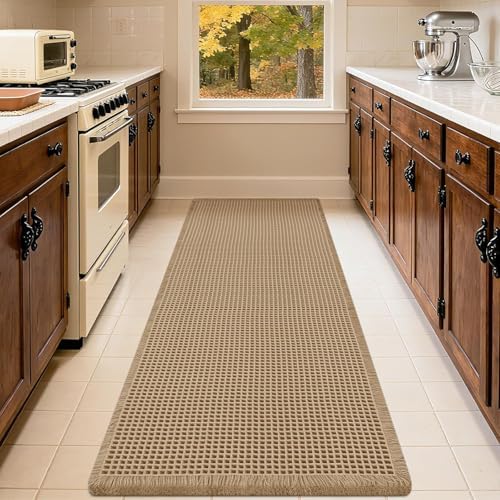 IM HOME Extra Large Waffle Bath Mat, Boho Bathroom Rugs Absorbent Non Slip, Soft Bathroom Mats, Machine Washable Knit Bath Rugs with Tassels for Bathroom, Bedroom, Kitchen, Shower, Tub, Beige, 6'x2'