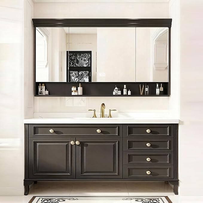48-92IN Single/Double Sink Bathroom Vanity, Defogging Smart Mirror, Modern American Free Standing Vanity with Bathroom Cabinet