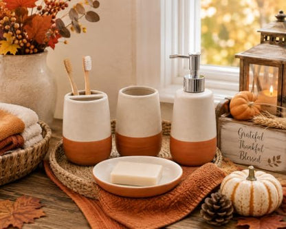 4 Piece Ceramic Bathroom Accessories Set, Soap Dispenser, Toothbrush Holder, Tumbler and Soap Dish, Speckled White & Terracotta Bathroom Counter Set, Modern Boho Farmhouse Decor 2. Product Description