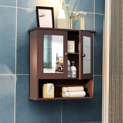 TaoHFE Brown Medicine Cabinet with Mirror - 2 Doors, 3 Open Shelves, Wall Mounted Wooden Storage Cabinet for Bathroom, Laundry Room, Kitchen