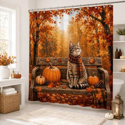 Fall Cat Shower Curtain, Autumn Forest Pumpkin Thanksgiving Bathroom Curtains, Rustic Farmhouse Maple Leaves Cozy Waterproof Polyester Fabric Shower Curtain with Hooks 72x72 Inch