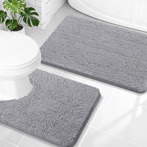 OLANLY Chenille Bathroom Rugs Mats Sets 2 Piece, 30"x20"+24"x20", Grey