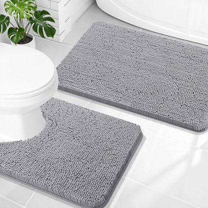OLANLY Chenille Bathroom Rugs Mats Sets 2 Piece, 30"x20"+24"x20", Grey