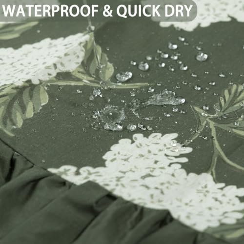 ORTIGIA Linen Textured Ruffle Shower Curtain with Metal Hooks, Vintage Dark Green Hydrangea Floral Boho Waterproof Bath Curtain for Rustic Farmhouse Bathroom Decor 72x72 Inch